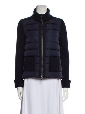 Moncler Navy Quilted Puffer Jacket with Knit Sleeves